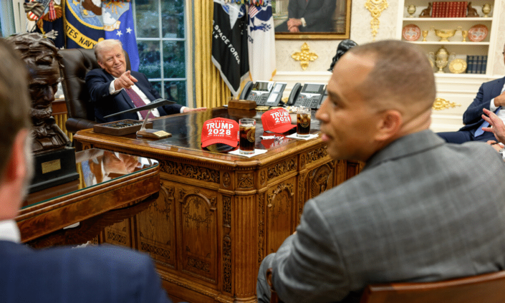 Jeffries prods JD Vance after object on Trump’s desk shocks him during shutdown meeting: ‘Don’t you got a problem with this?’